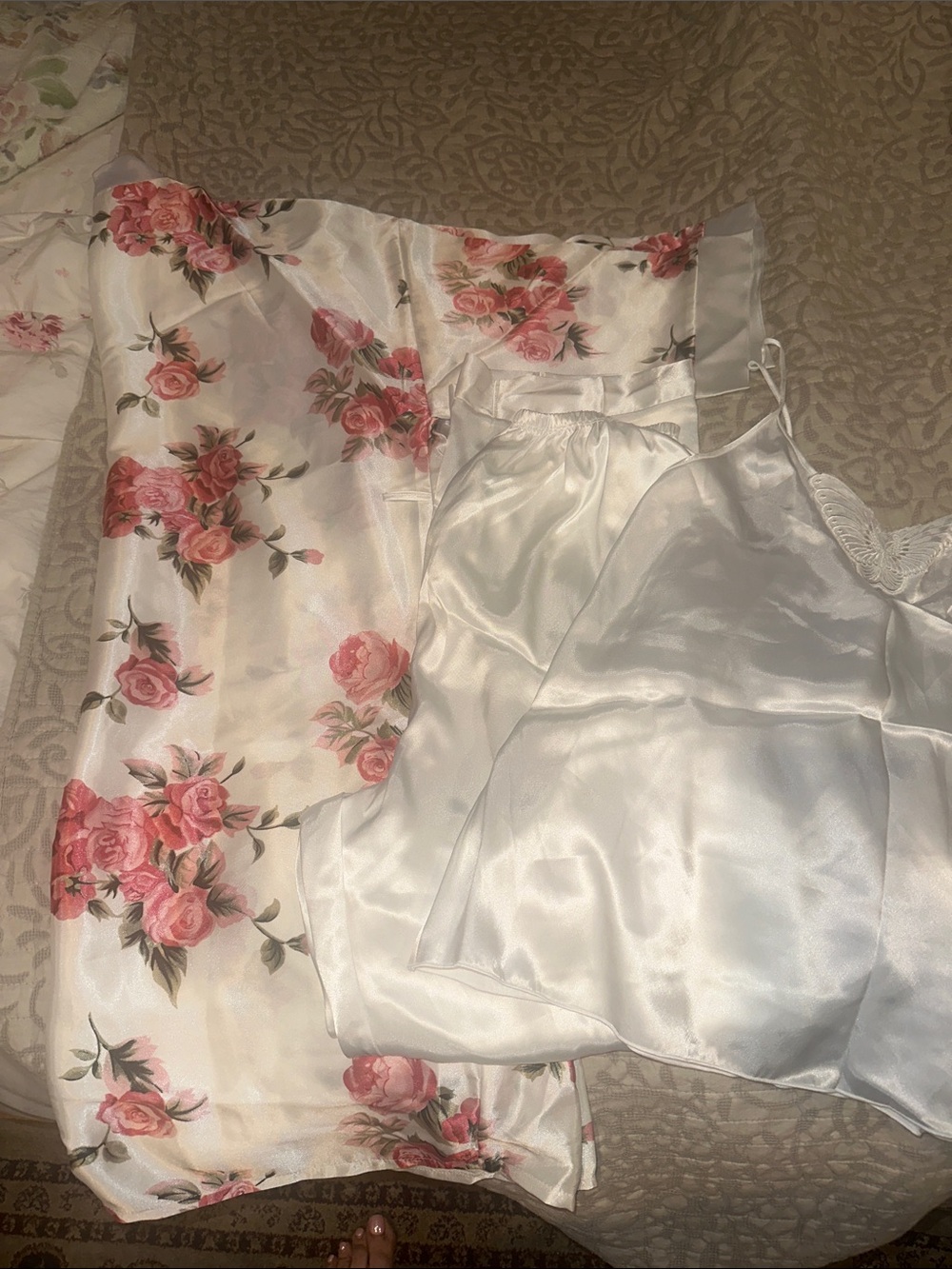 Satin Floral Pajama Set - White with Pink Roses Robe including